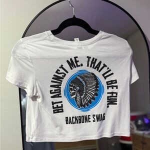 White Graphic Tee with Blue and Black Design